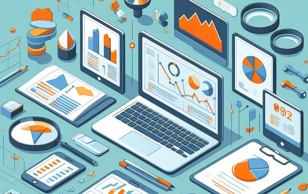 An illustration of various devices and tools used in data analysis, including computers, graphs, and charts.