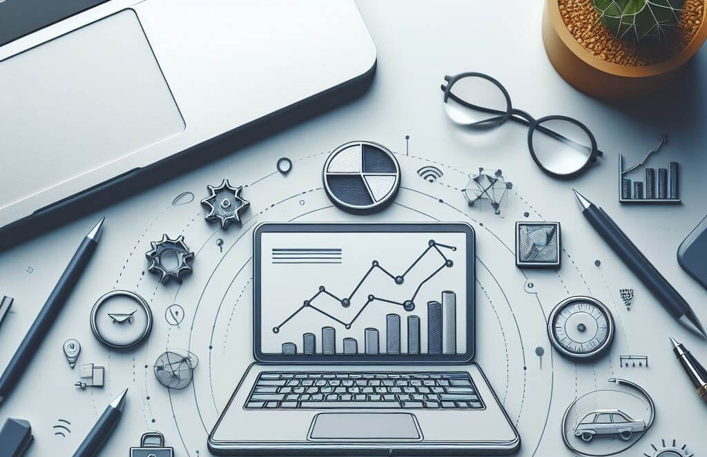 Illustration of a laptop displaying graphs and charts, surrounded by various icons representing data analytics.