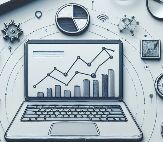 An illustration of various devices and tools used in data analysis, including computers, graphs, and charts.