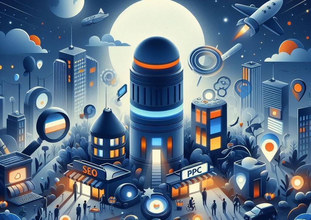 An imaginative illustration showcasing a vibrant cityscape at night, illuminated by a full moon, with elements representing SEO and PPC marketing amidst futuristic buildings and flying objects.