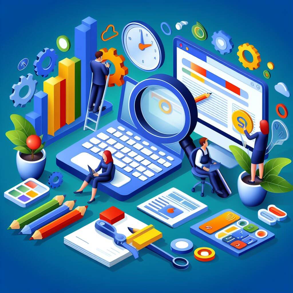 Colorful illustration of SEO analytics with people 
                                interacting with data analysis and online marketing elements.