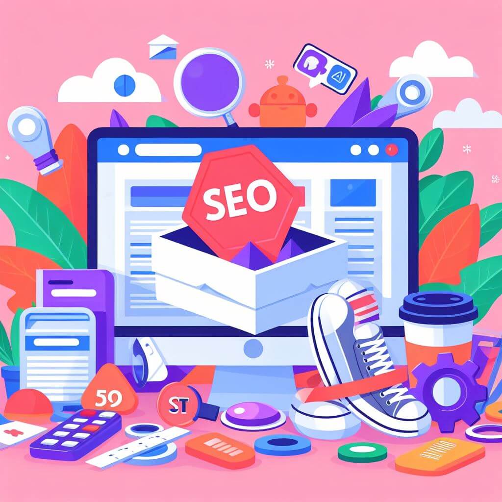 Colorful illustration featuring SEO tools and strategies with a computer monitor.