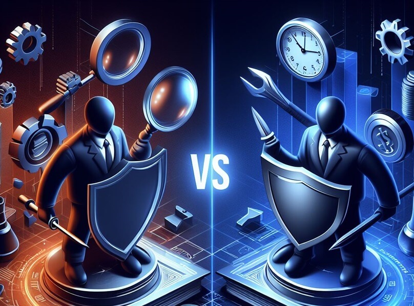 The contrast between scrutiny and speed, represented by the figures with a magnifying glass and an open hand, respectively.